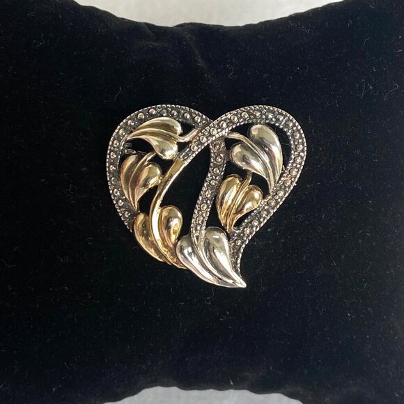 Sterling Silver 925 Mixed Metal Gold Vermeil Foliage Leaf Floral Heart Brooch - Picture 4 of 16